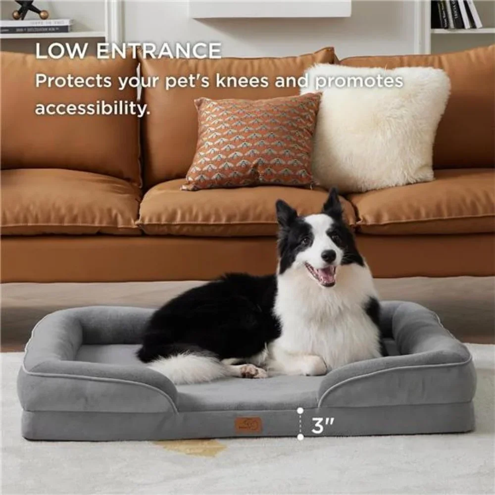 Orthopedic Dog Bed - Washable Dog Sofa Bed Large with Waterproof Lining, Grey